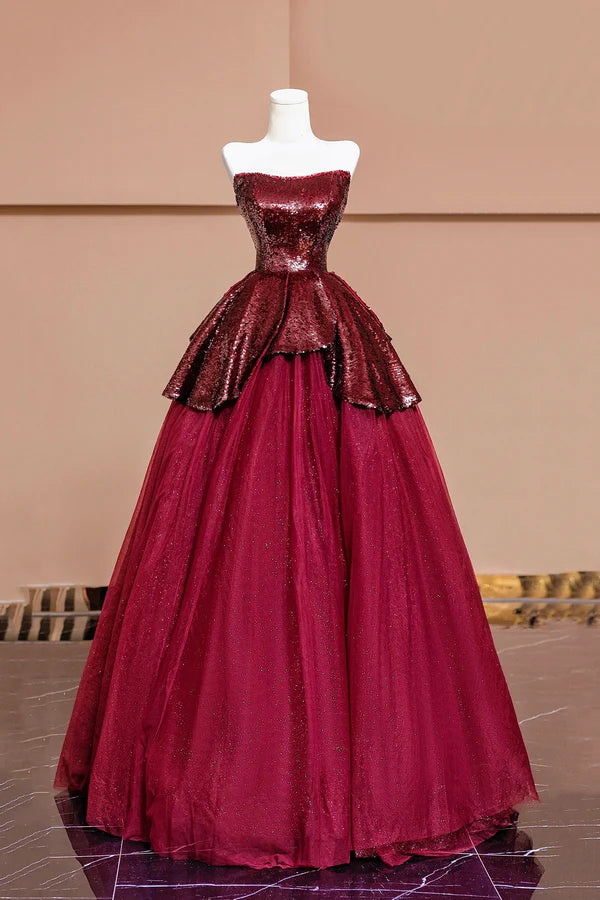 Wholesale Burgundy Tulle Sequins Long Prom Dress A-Line Strapless Evening Party Dress
